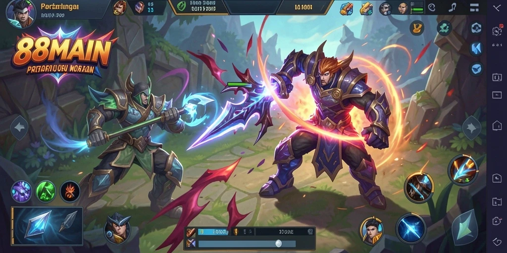 Screenshot gameplay 88MAIN menampilkan pertarungan MOBA yang dinamis.