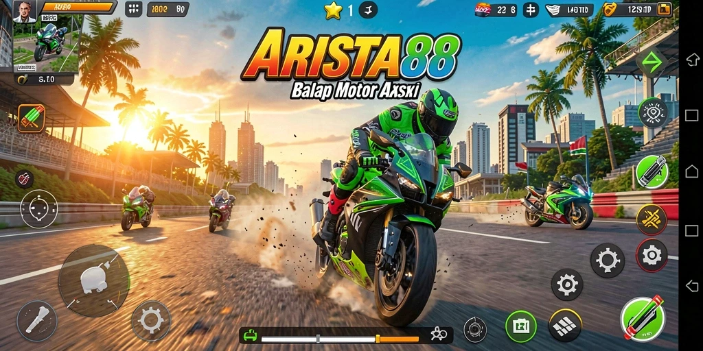 Screenshot utama ARISTA88 menampilkan serunya balapan motor di trek menantang.