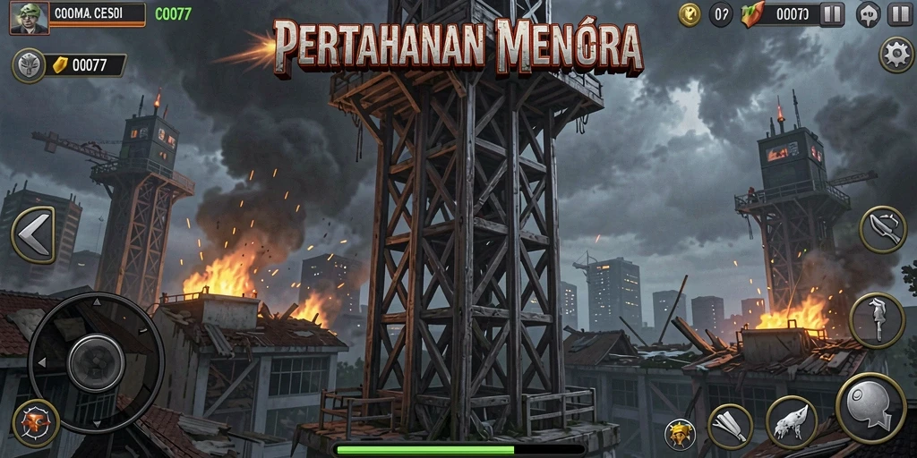 Screenshot gameplay C0077 yang menunjukkan aksi pertahanan menara yang mendebarkan.