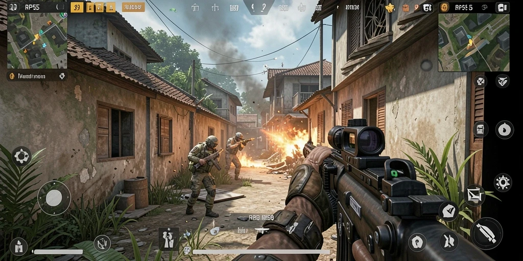 Gameplay RP55 menampilkan aksi tembak-menembak yang intens.
