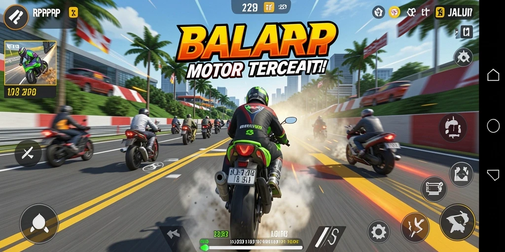 Screenshot gameplay RPRPRP menampilkan balapan motor menegangkan.